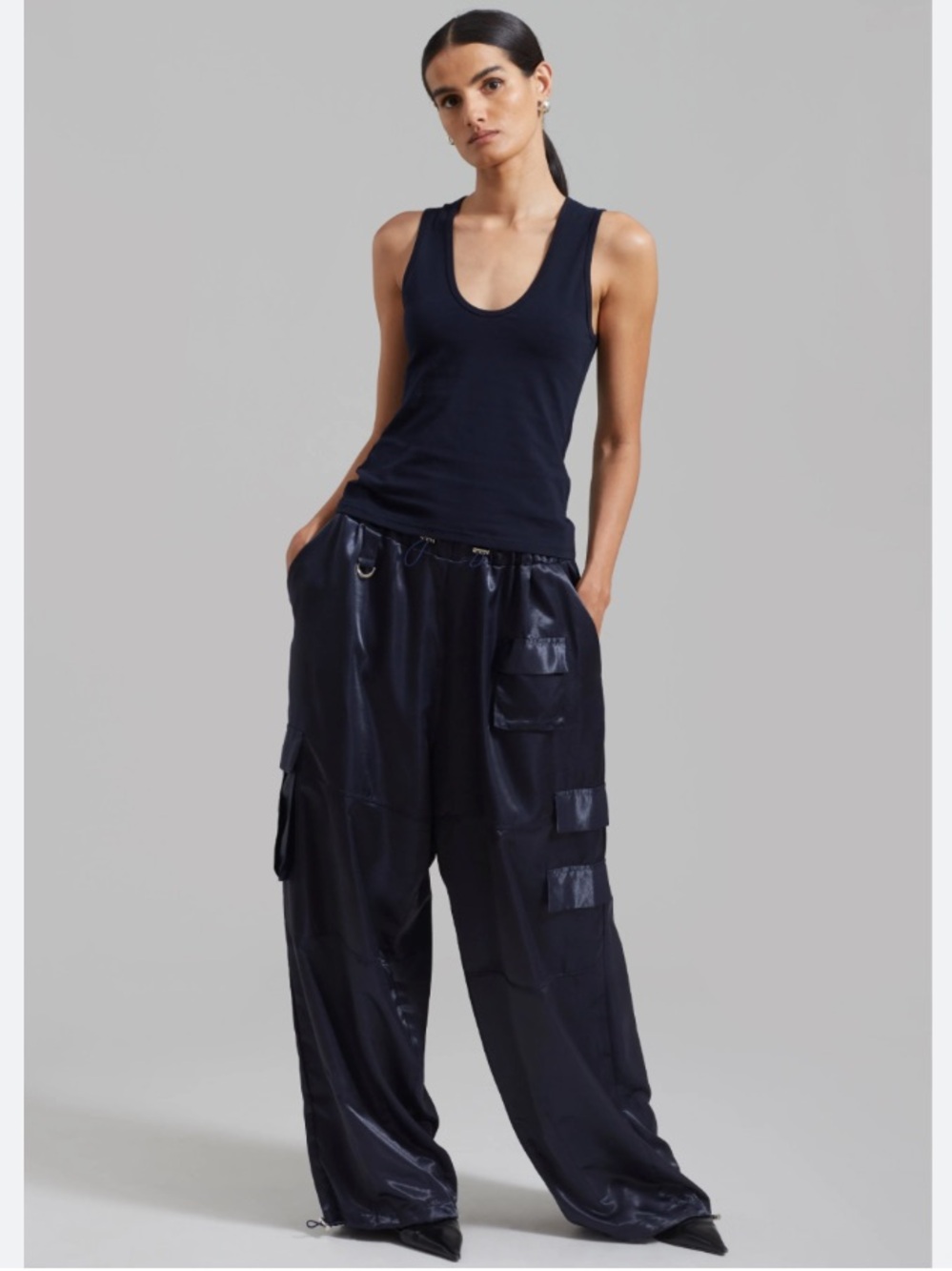 The Frankie Shop Delaney Satin Billowy Oversized Cargo Pants in Navy Blue M/L